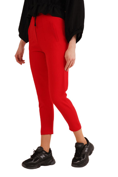 Lustrin Women's Red Front Double Collar Flato Pocket Seasonal Trousers