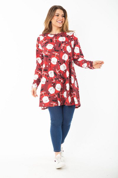 Şans Women's Plus Size Burgundy Christmas Patterned Tunic Dress 65N37426
