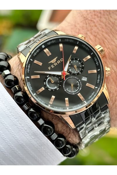 FERRO Steel Cord VIP Model Black Color Functions Active Men's Wristwatch Bracelet
