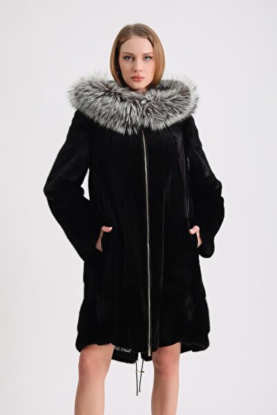 Leather Club Siyah Arjante Fox Aksesuarlı Vizon Kürk Kaban