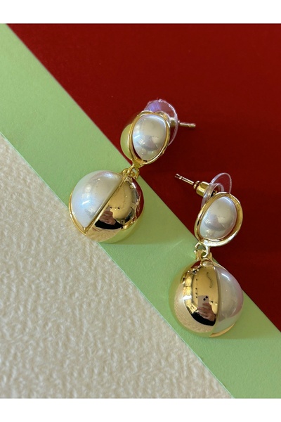 JEICON ATELIER Gold Renk Parlak Çift Top Model Yarısı Çelik Yarısı Inci Küpe