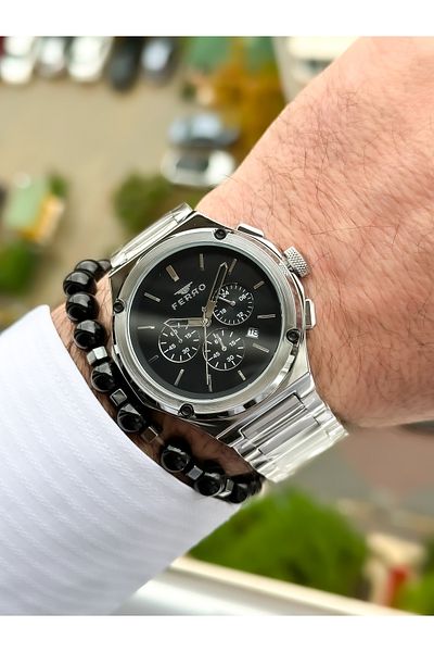 FERRO Steel Cord VIP Model Silver Color Functions Active Men's Wristwatch Bracelet