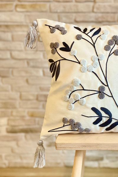 SWITA Husă de pernă cu design special brodat cu perforare, unică, decorativă, gri (panch)