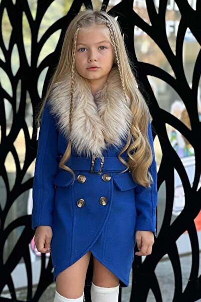 Riccotarz Palton albastru pentru fetiță cu guler de blană și cu brâu