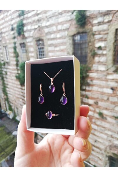 By Atölye Doğal Ametist Taşlı 925 Ayar Gümüş Roz Gold Takım & Set