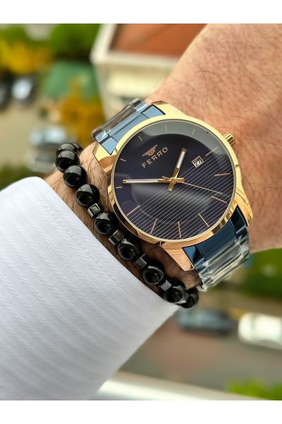 FERRO New Collection Functions Active Navy Blue Men's Wristwatch+bracelet