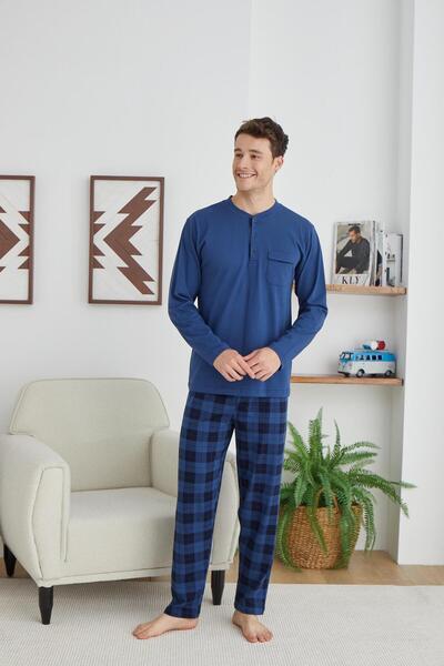 KLY PİJAMA KLY 6008 Half Button Plaid Medium Thick Pajamas Set