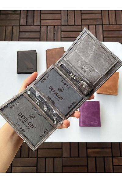 DERKON Monaco Genuine Crazy Leather Wallet Gray Color