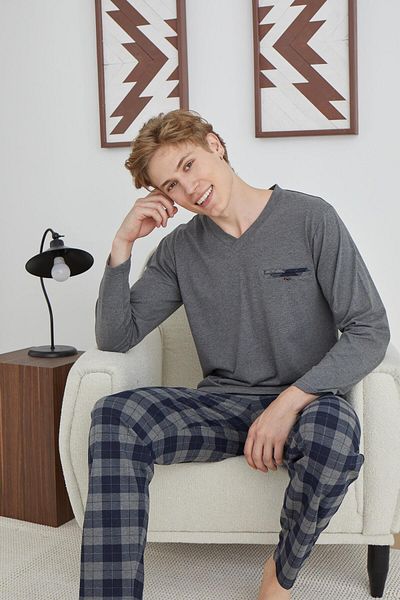 KLY PİJAMA Σετ πιτζάμες KLY 6003 V-Neck καρό μεσαίου πάχους