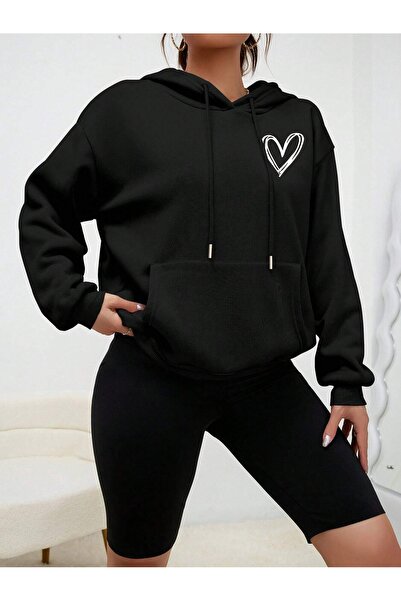 over head oh Hanorac cu glugă cu 3 fire, cu imprimeu, negru, pentru femei