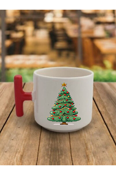 lili hediyelik New Year's Gift Red Handled Coffee Cup with Christmas Tree Image