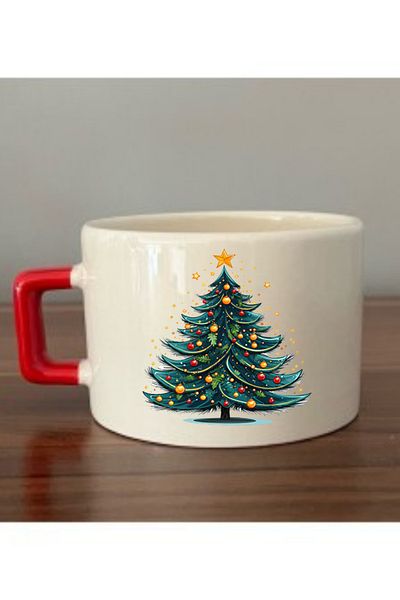 lili hediyelik Christmas Tree Printed New Year Christmas Gift Cup with Red Handle