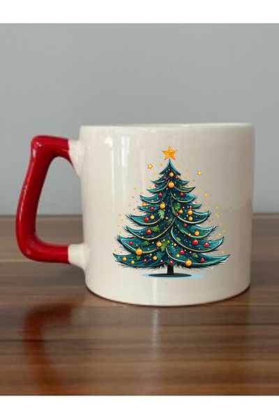 lili hediyelik New Year's Gift Red Handled Mug with Christmas Tree Image