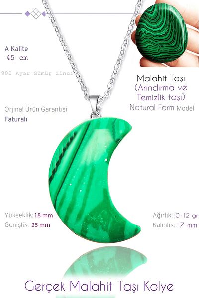 Tesbih Atölyesi Certified Moon Model Real Malachite Stone Necklace
