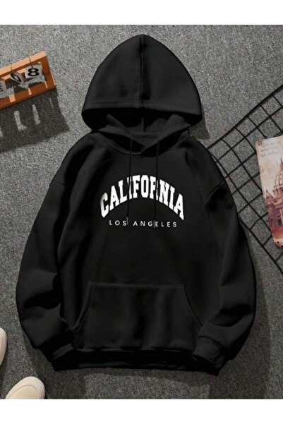 khufu سويت شيرت أسود بغطاء للرأس مطبوع عليه كاليفورنيا للجنسين