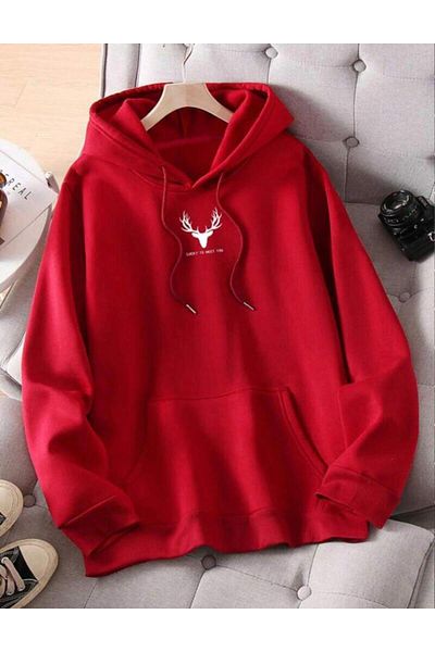 khufu Red Hooded Deer Printed Sweatshirt Hoodie