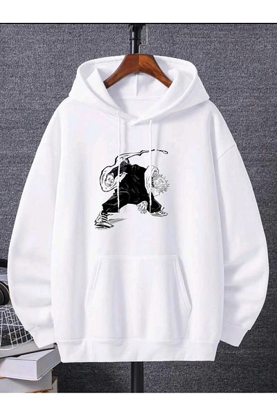 ARC Shoping Hanorac cu glugă oversize UNISEX cu 3 fire cu imprimeu Satoru Gojo - alb-negru