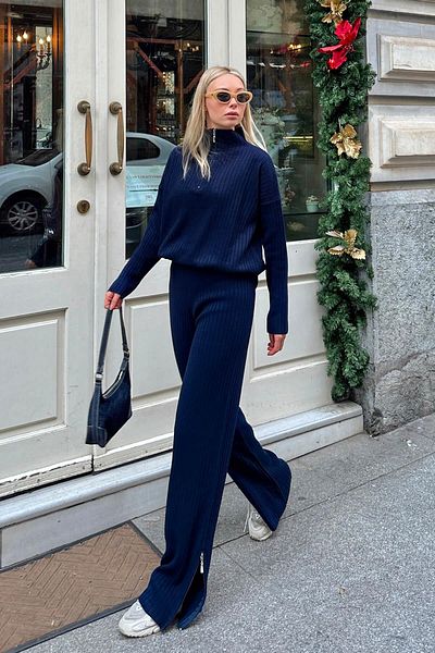 Swist Navy Blue Zippered Collar and Leg Sweater-Pants Women's Knitwear Bottom-Top Set