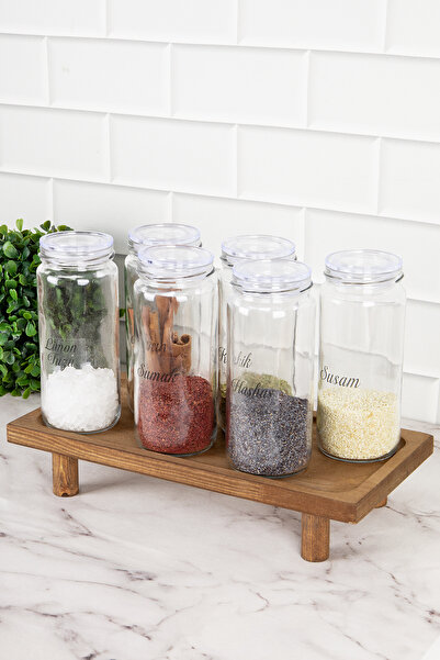 DNS HOME 6-Piece Glass Spice Rack Set with Transparent Lid Wooden Stand Storage Container Spice Rack with Label 500 ml