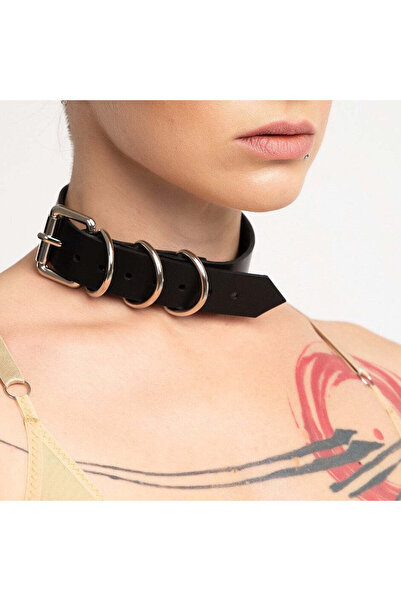 Sweet Demon Kadın Sıralı Halka Detaylı Zarif Deri Boyun Choker Aksesuar Siyah