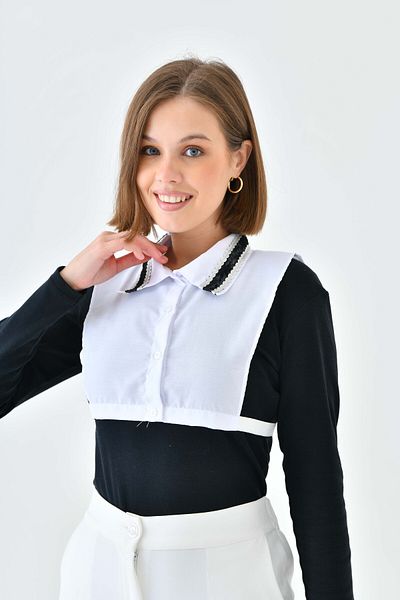 mirach Leather and Lace Detailed White Shirt Collar Half Shirt Crop Shirt Elastic Sleeveless