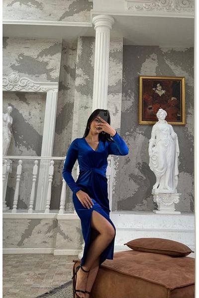 ADASTYLE Rochie din catifea cu decolteu in V, detaliu in talie, vilyur don, rochie