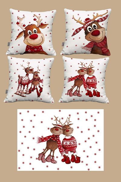 Hayal Dekoratif New Year's Deer Patterned Set of 4 Throw Pillows and Mats - 50X70Cm