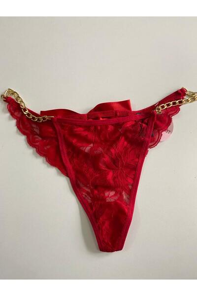 Tuğçe Denktaş Kırmızı Zincirli Fiyonklu Tanga