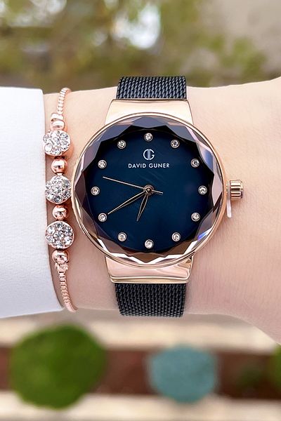 DAVID GUNER Corded Black Color Women's Wristwatch and Bracelet