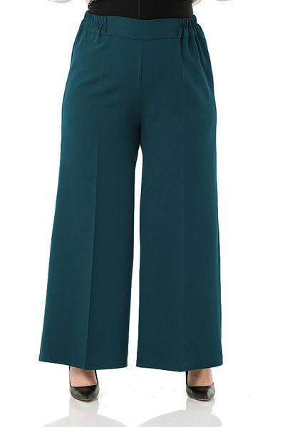 Aşkı Endam Plus Size Mayra Side Pocket Dumbbell Crepe Wide Leg Trousers - Petrol