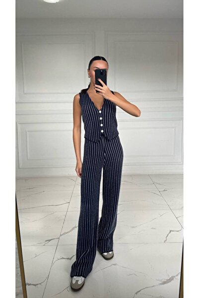 Julidress Синій смугастий вовняний жилет і штани Акрил Преміум Нижня частина ...