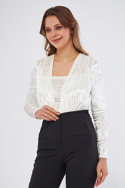 Bidoluelbise Velvet Gather Detail Long Sleeve Stretch Fabric Snap Body