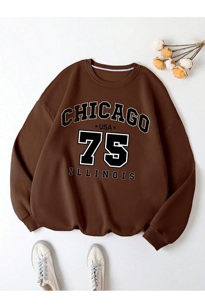 Black Sokak Brown Chicago Printed Crew Neck Oversize Sweatshirt Unisex