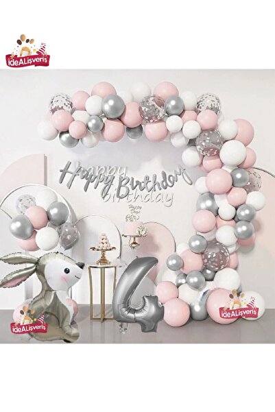 Bkmc GÜMÜŞ PEMBE LÜKS 4 YAŞ TAVŞAN FOLYO DOĞUM GÜNÜ SÜSÜ DOĞUM GÜNÜ PARTİ BAL...