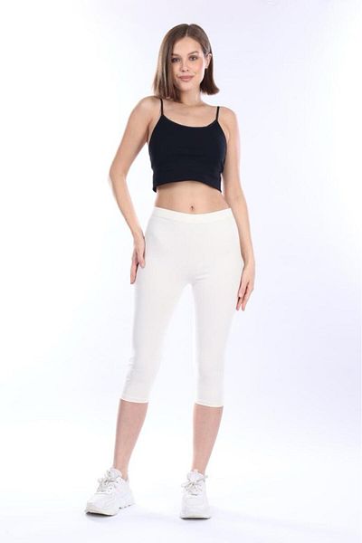 Tight Lady Super Quality Ecru Combed Cotton Lycra Below Knee Capri Tights High Waist