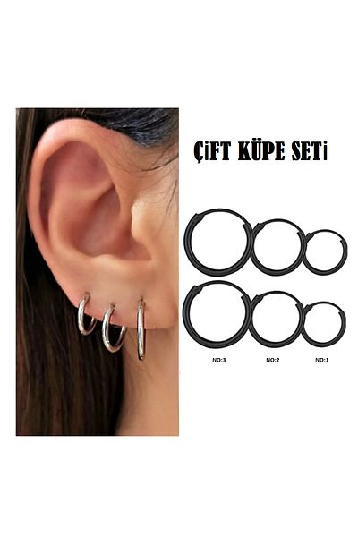 Öte Beri Öteberi Black Stainless Tarnish Resistant 316l Surgical Steel Unisex Classic Ring 1 Pair Earring Set