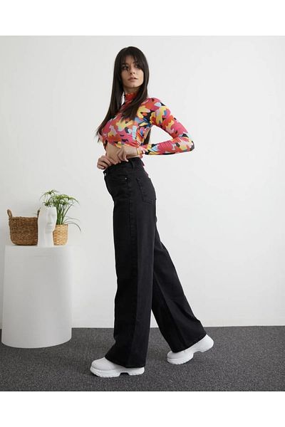 Livik MMG Women's High Waist Black Loose Leg Trousers Palazzo Model Denim Trousers