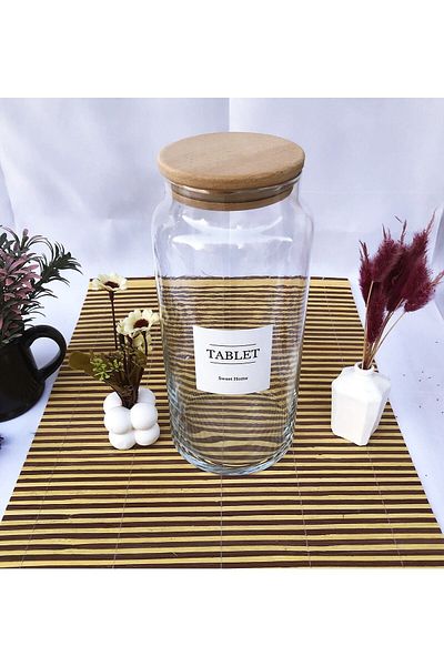 Karçiçeği Home Wooden Vacuum Bamboo Lid Dishwasher Cotton Jar Glass 1440 ml
