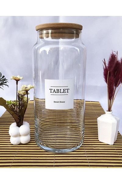 Karçiçeği Home Wooden Vacuum Bamboo Lid Dishwasher Cotton Jar Glass 1440 ml