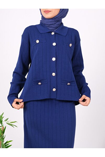 Modamorfo Skinny Skirted Metal Buttoned Cardigan Knitwear Set