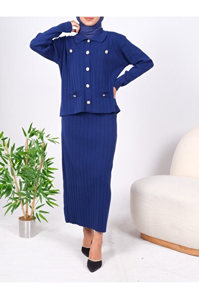 Modamorfo Skinny Skirted Metal Buttoned Cardigan Knitwear Set
