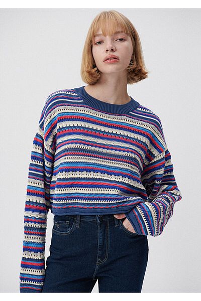 Mavi Navy Blue Striped Sweater Crop / Short Cut 1710326-85331