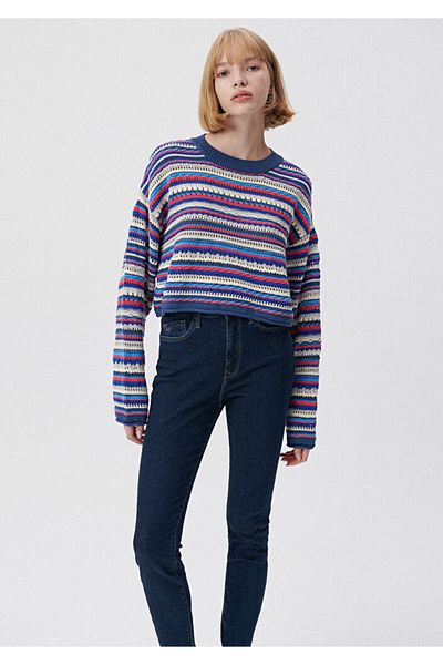 Mavi Navy Blue Striped Sweater Crop / Short Cut 1710326-85331