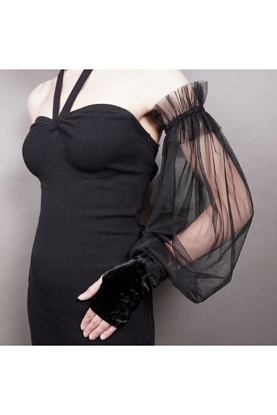 es moda shop قفازات فريا المخملية بدون أصابع من التول باللون الأسود