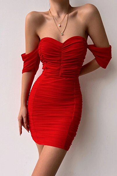 WOMAN VISION Women's Lined Padded Draped Stretchy Tulle Fabric Strapless Red ...