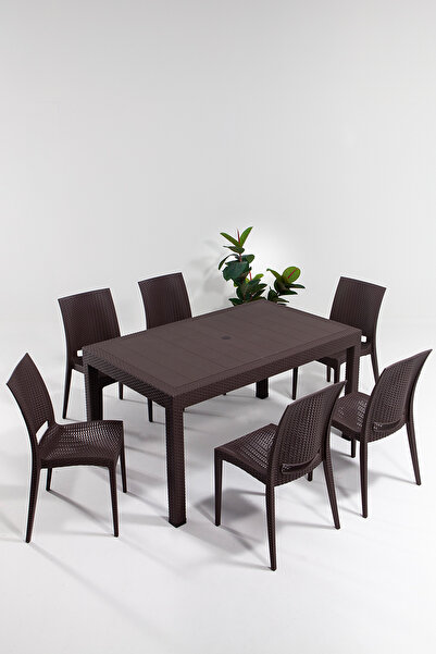 MOBETTO Rattan Large Kahve Masa Takımı Bahçe&balkon 1 Masa + 6 Sandalye