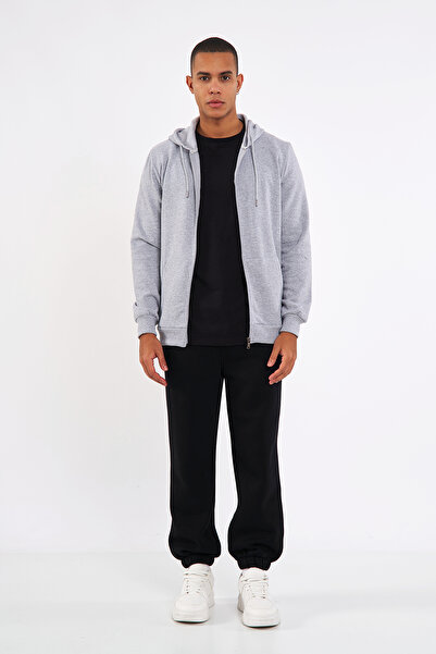 COMEOR Gray Kangaroo Pocket Hooded Zippered Cotton Men's Sweatshirt