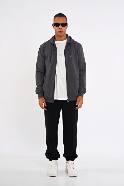 COMEOR Ανδρικό φούτερ από βαμβακερό φερμουάρ με κουκούλα Anthracite Kangaroo ...