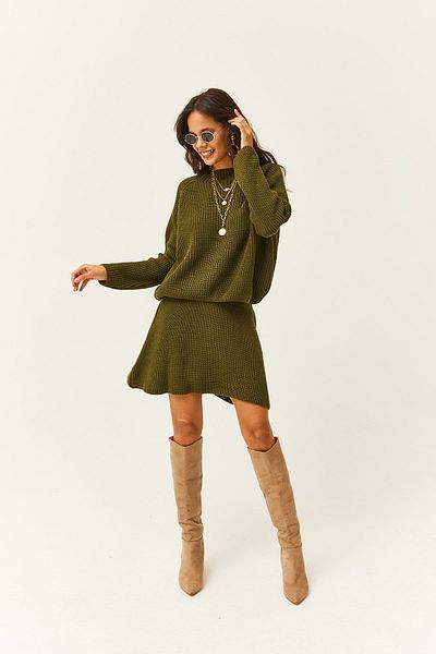 Olalook Women's Khaki Top Sweater Bottom Mini Flared Skirt Knitwear Suit TKM-19000248