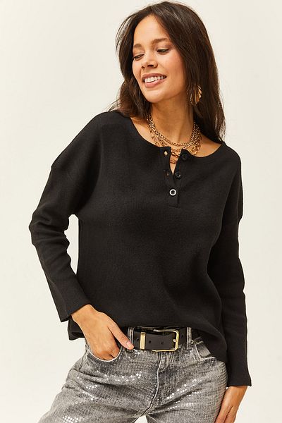 Olalook Pulover negru largi cu nasturi de damă KZK-19000721